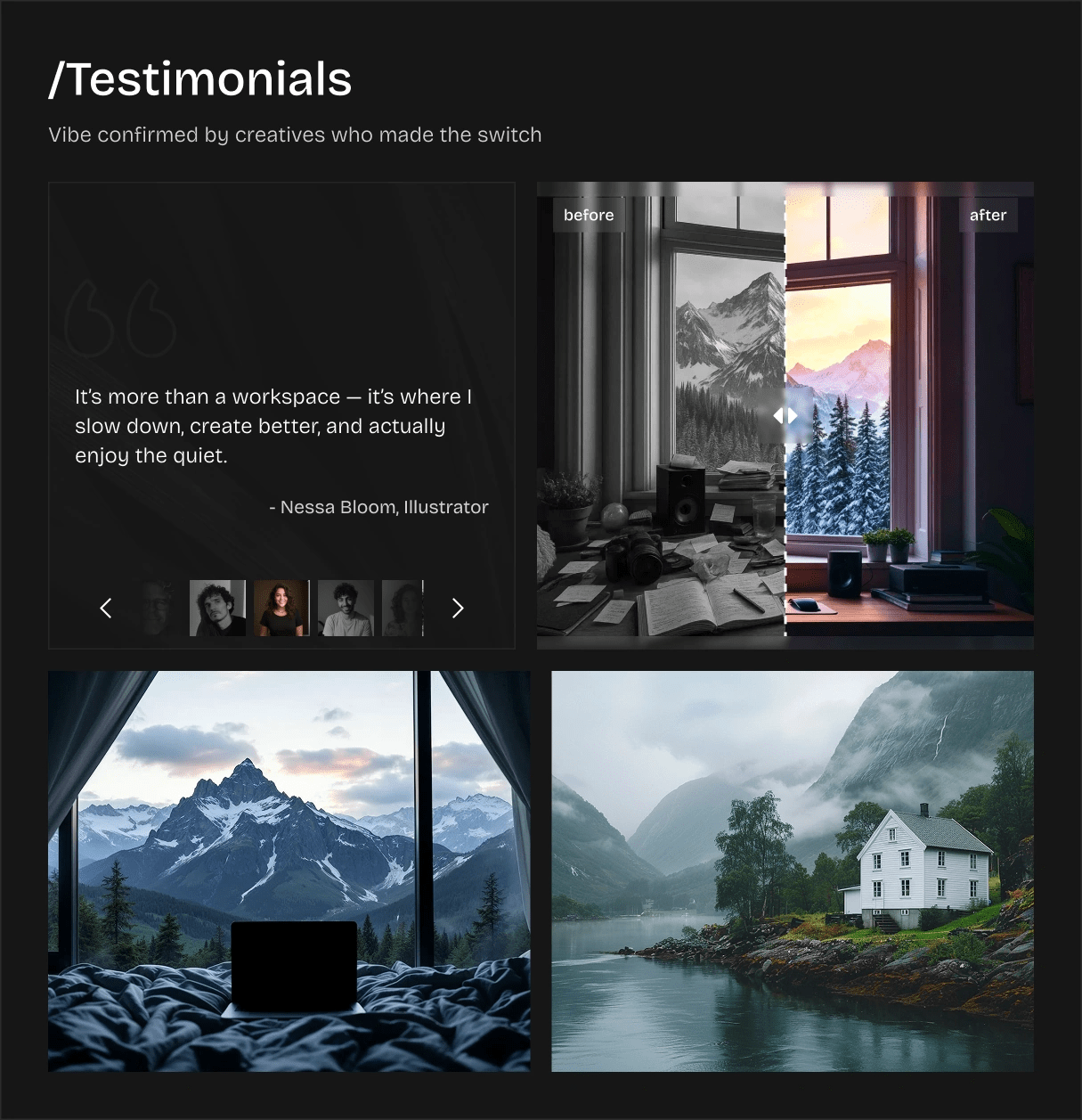 tablet section of testimonial layout with customer quote carousel, before-and-after slider, and supporting scenic workspace images
