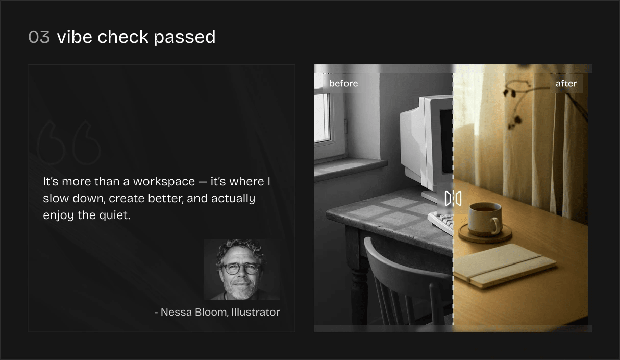 tablet section of testimonial section featuring a customer quote with profile photo, alongside a before-and-after image slider of workspace transformation