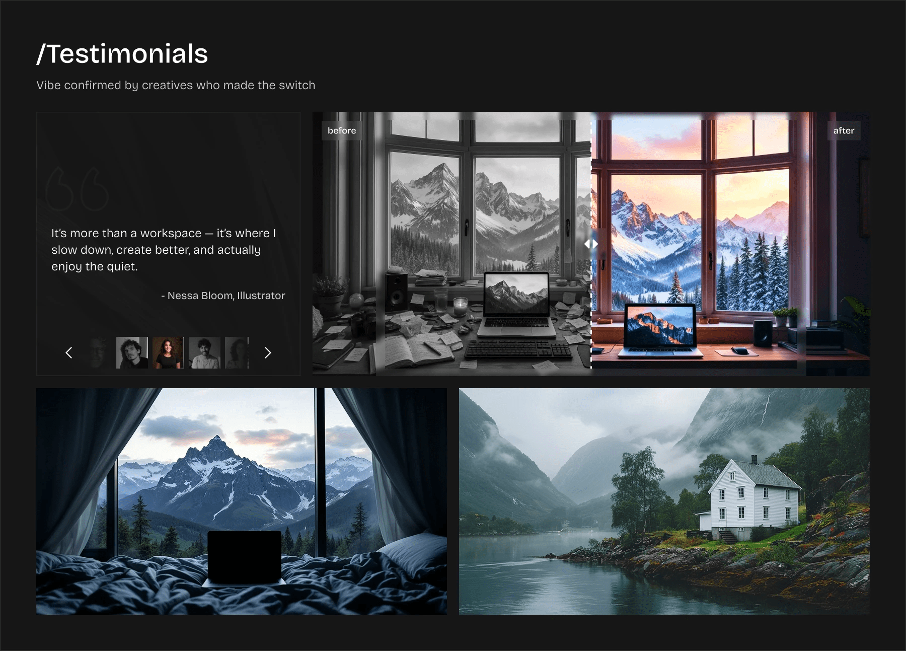 desktop section of testimonial layout with customer quote carousel, before-and-after slider, and supporting scenic workspace images