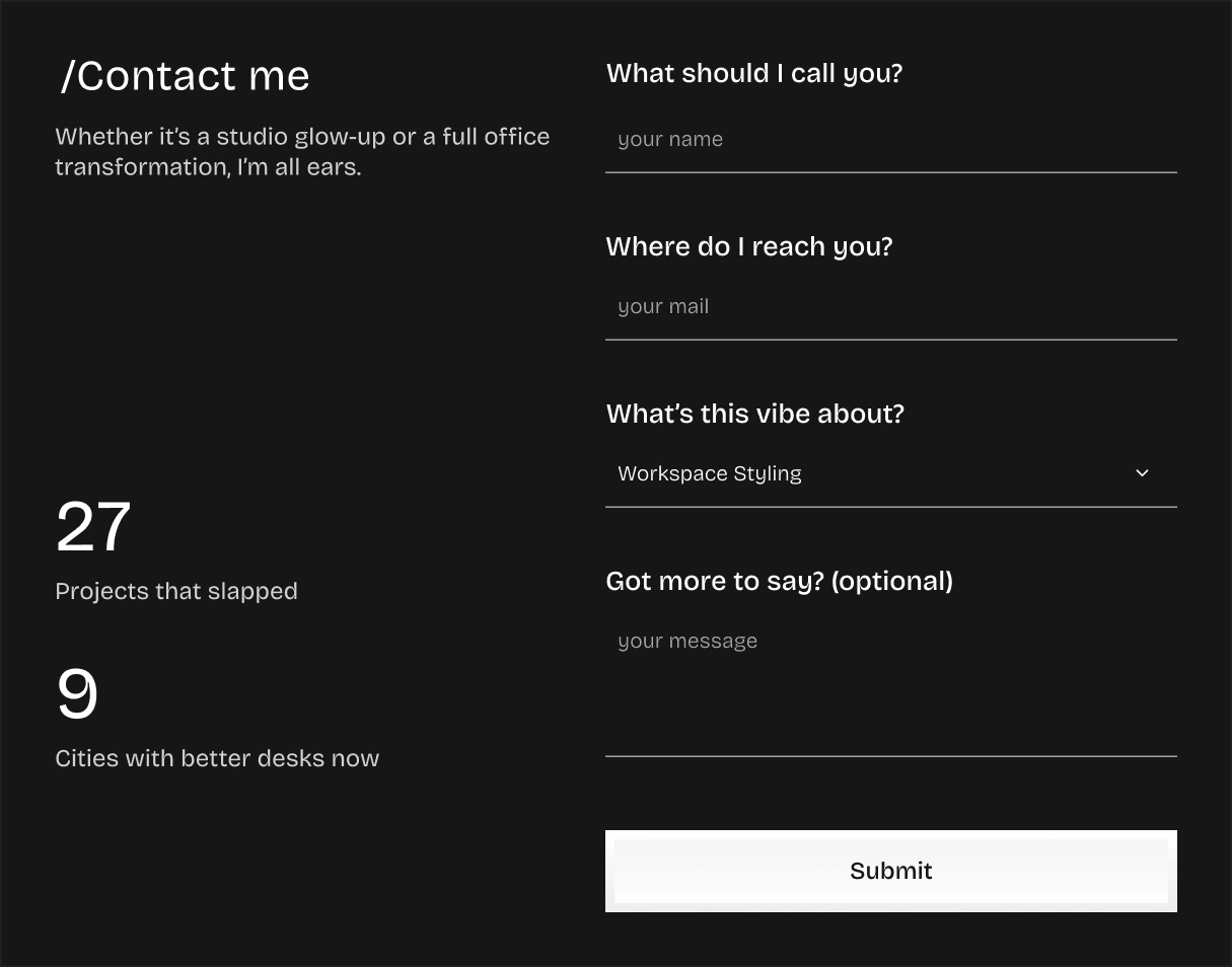 tablet section of a contact form layout with input fields, dropdown menu, submit button, and project stats on a dark background