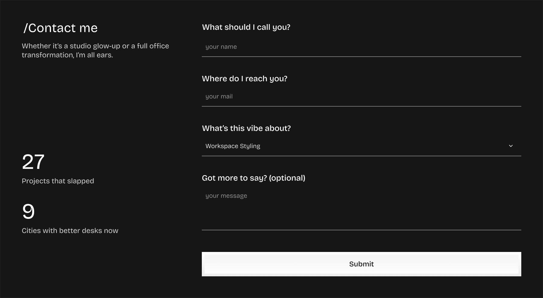 desktop section of a contact form layout with input fields, dropdown menu, submit button, and project stats on a dark background