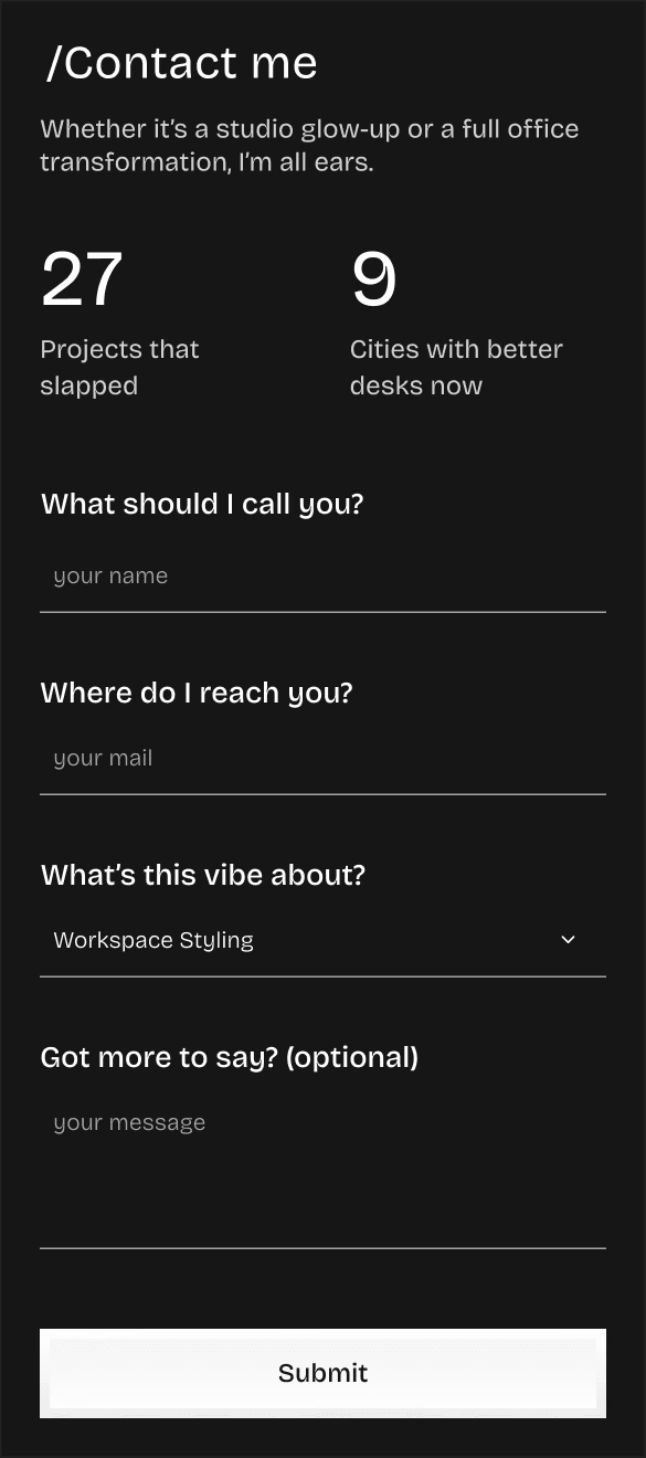 mobile section of a contact form layout with input fields, dropdown menu, submit button, and project stats on a dark background