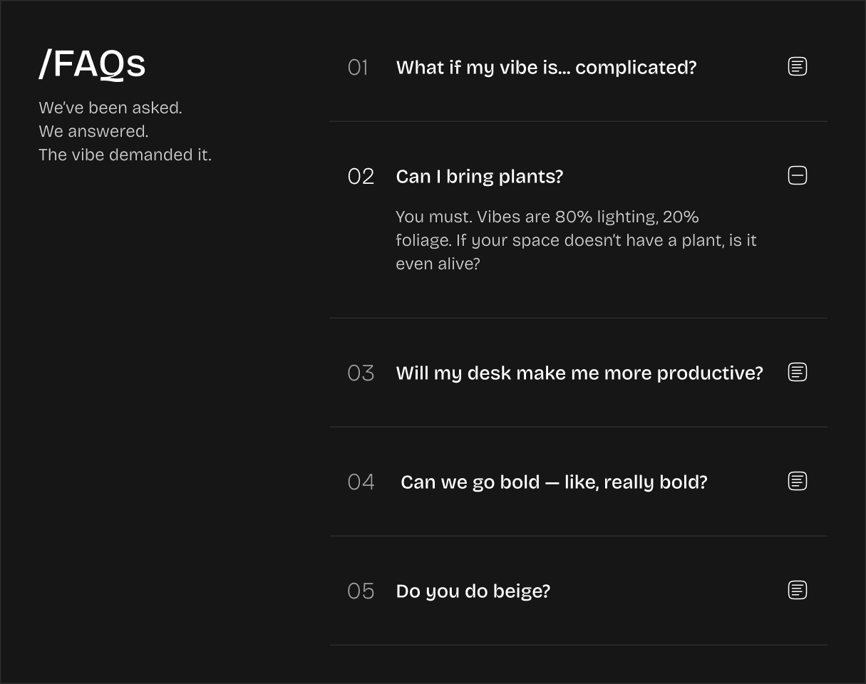 tablet section of a dark-themed FAQ section with numbered accordion-style questions and minimal answers on the right