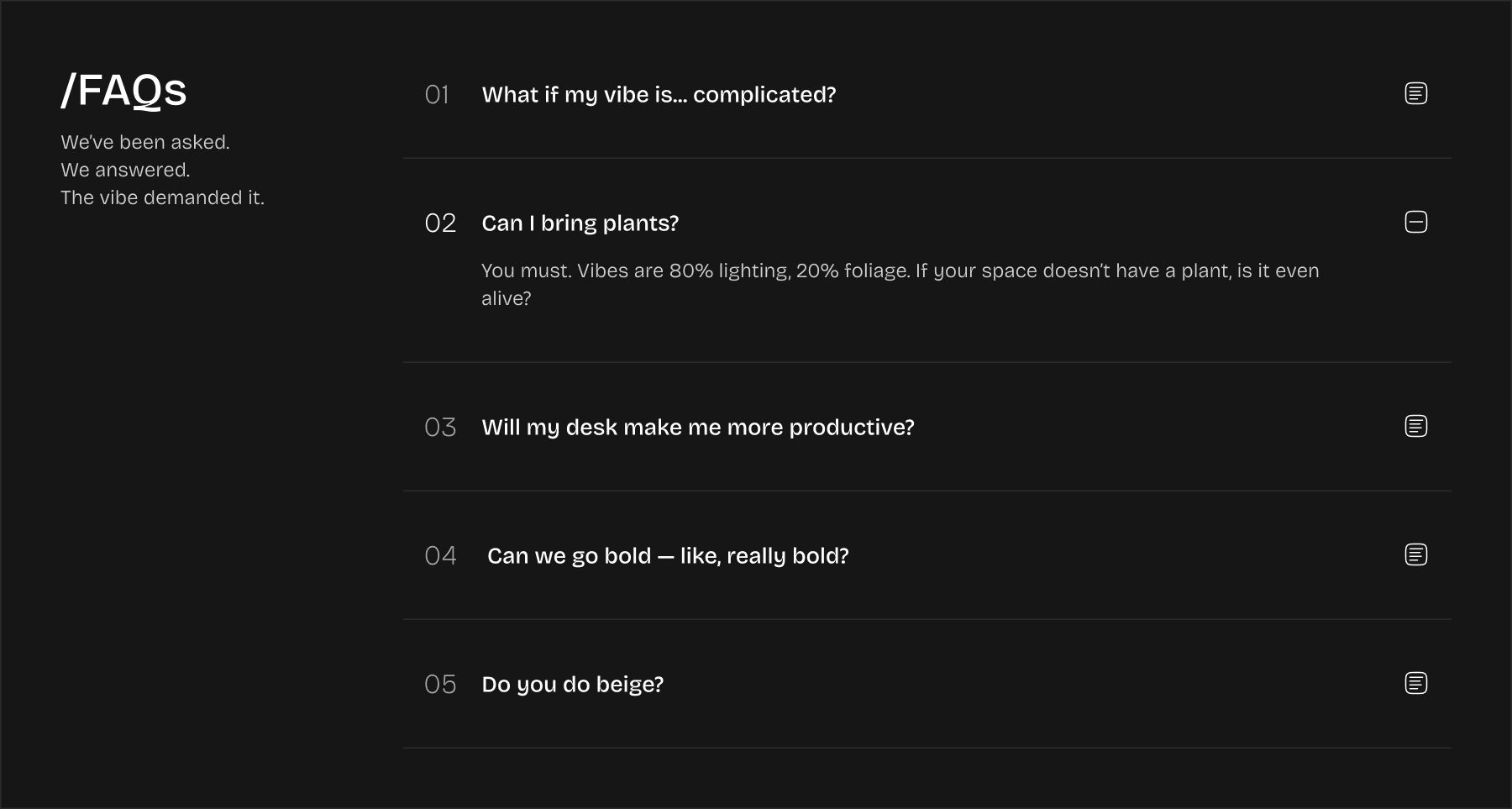 desktop section of a dark-themed FAQ section with numbered accordion-style questions and minimal answers on the right