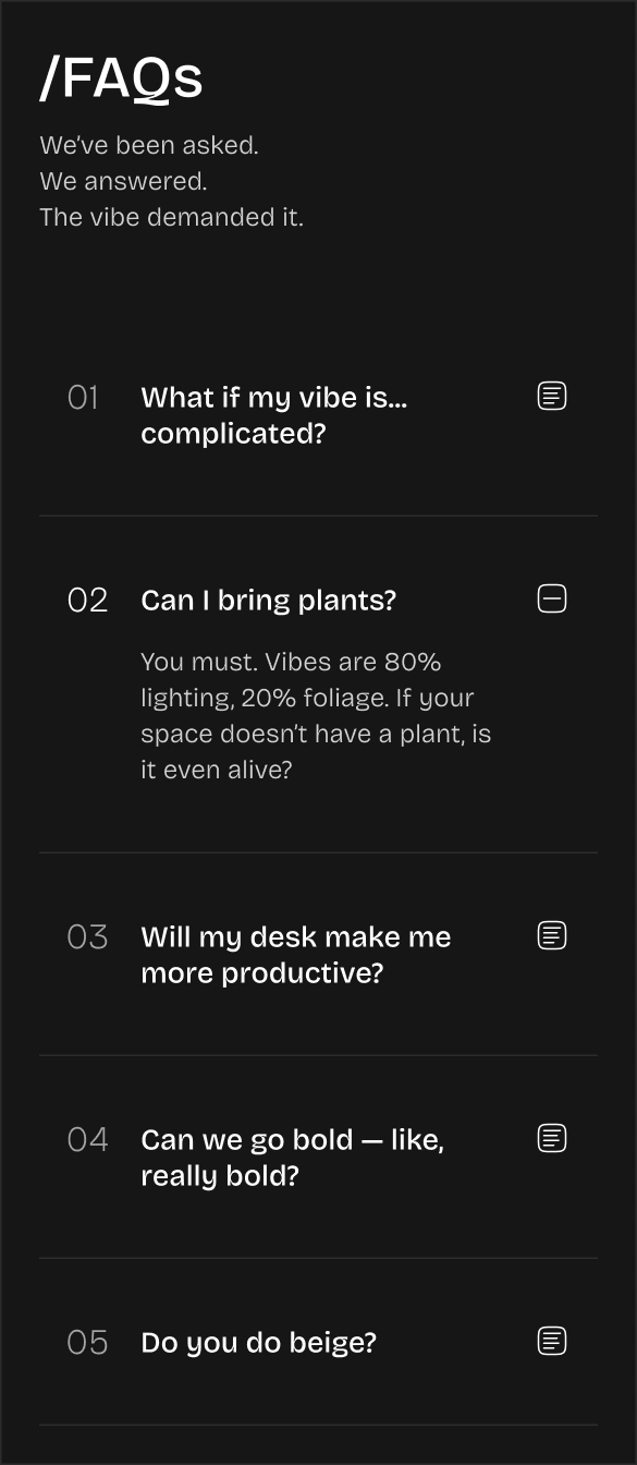 mobile section of a dark-themed FAQ section with numbered accordion-style questions and minimal answers on the right