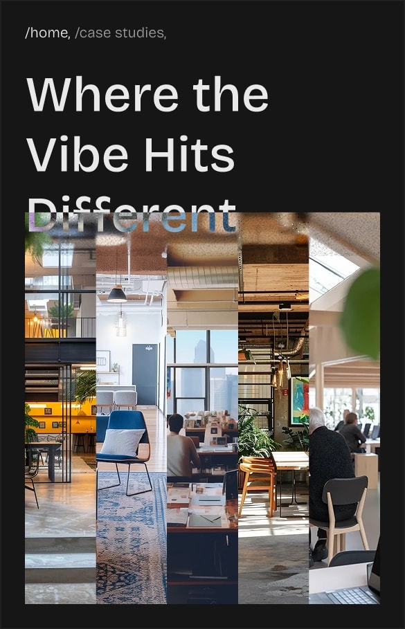 mobile section of a hero section with large heading and multi-column workspace image collage under breadcrumb navigation