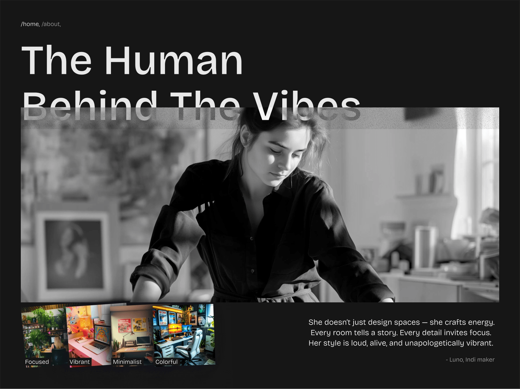 desktop section of a hero section featuring large heading, profile image of designer, testimonial quote, and a row of style
