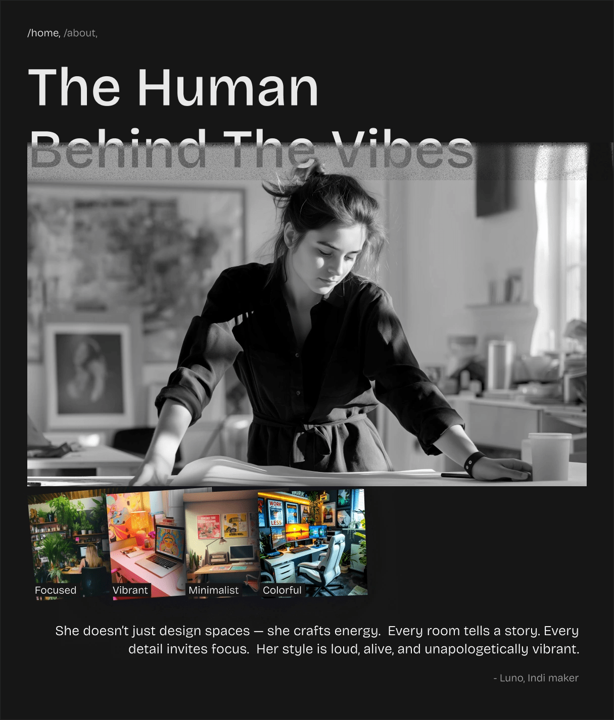 tablet section of a hero section featuring large heading, profile image of designer, testimonial quote, and a row of style