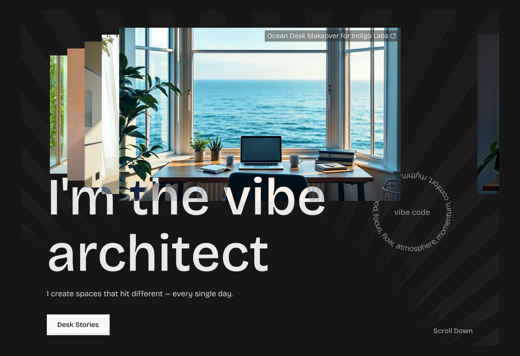 desktop version of a hero section with stacked image cards, ocean desk view, large heading text, subheading, and call-to-action button