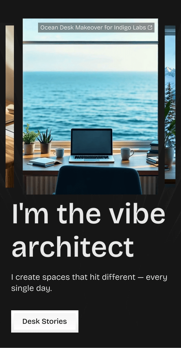mobile version of a hero section with stacked image cards, ocean desk view, large heading text, subheading, and call-to-action button