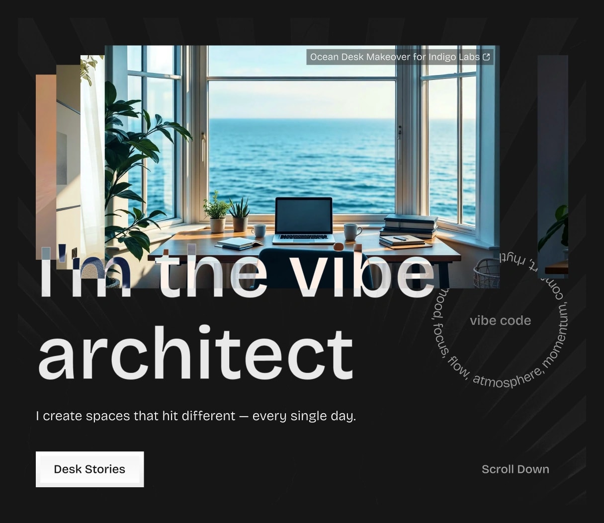 tablet version of a hero section with stacked image cards, ocean desk view, large heading text, subheading, and call-to-action button
