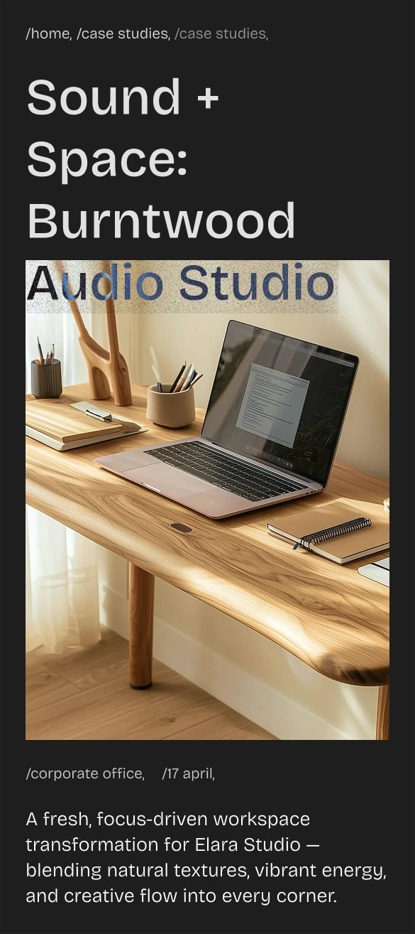 mobile version of a hero section with project title, featured workspace image, breadcrumbs, and a short project description