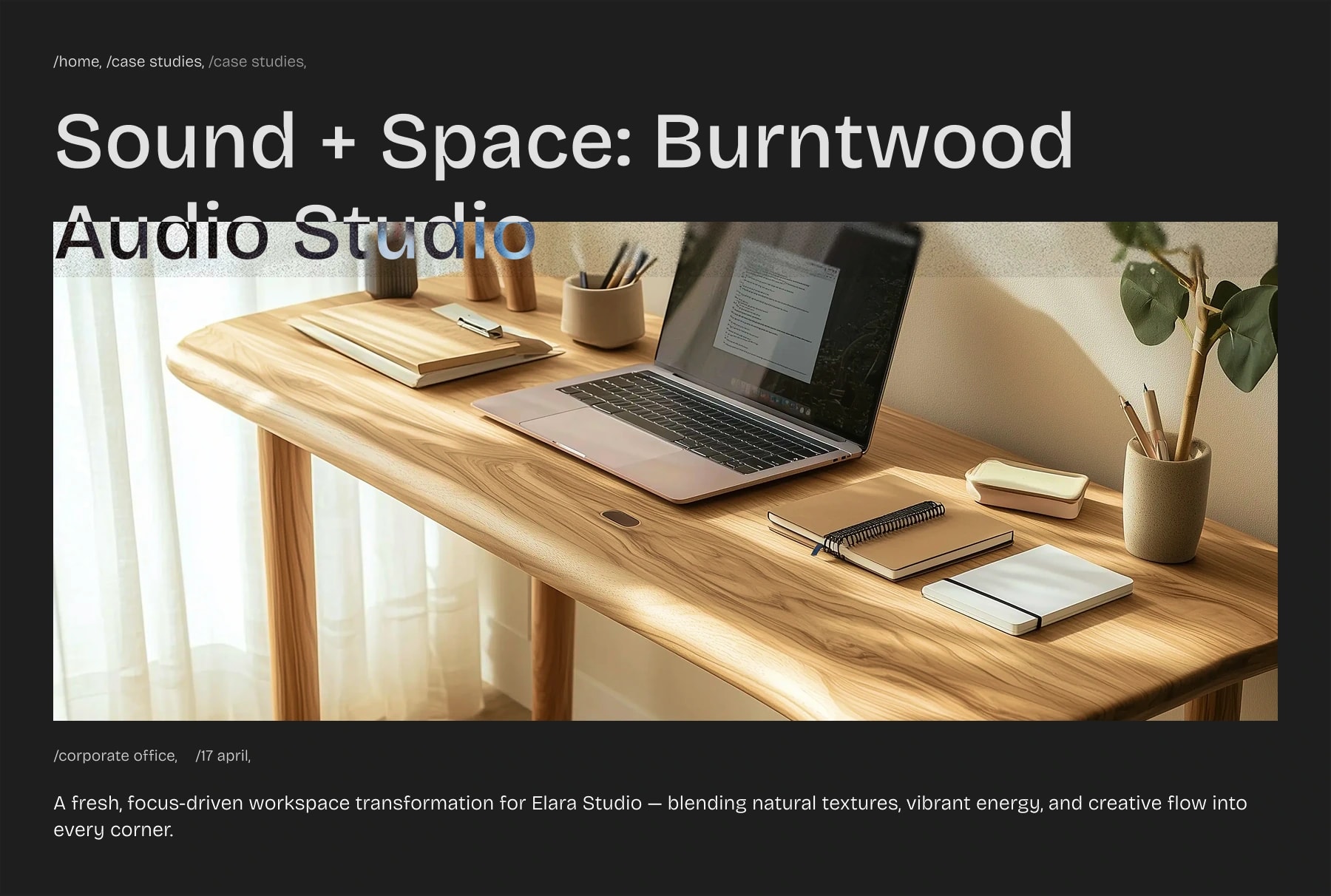 desktop version of a hero section with project title, featured workspace image, breadcrumbs, and a short project description