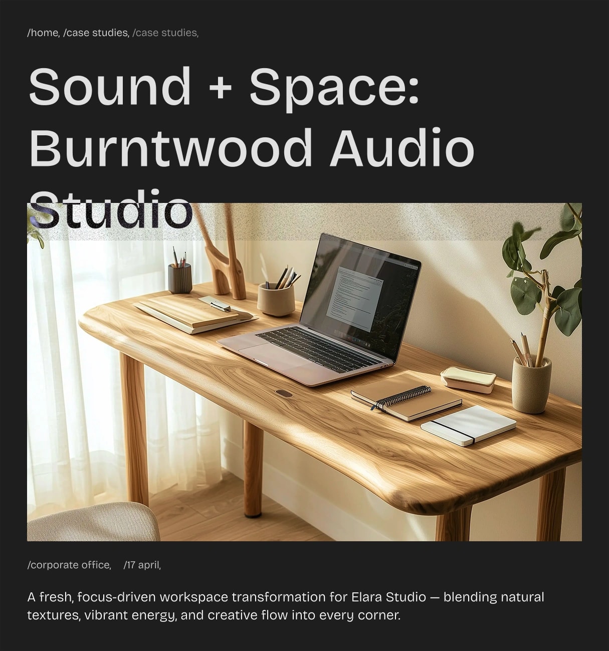 tablet version of a hero section with project title, featured workspace image, breadcrumbs, and a short project description