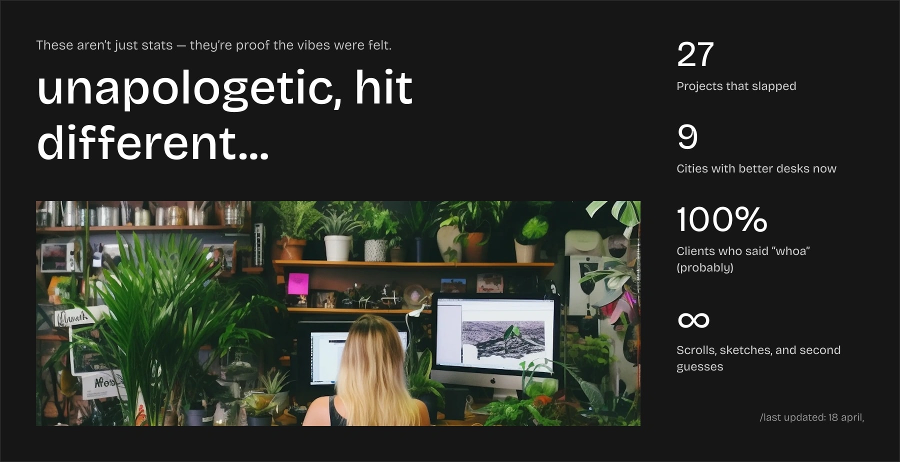 desktop of a stat section with bold heading, workspace image, and numerical highlights showing completed projects and impact metrics
