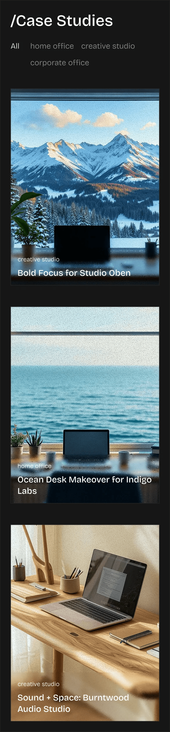 mobile section of a grid of CMS content cards with category filter tabs and visual previews for workspace case studies