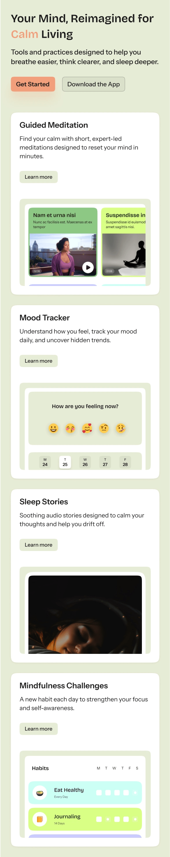 mobile section of a feature section with icon cards and dual CTAs for app download and onboarding