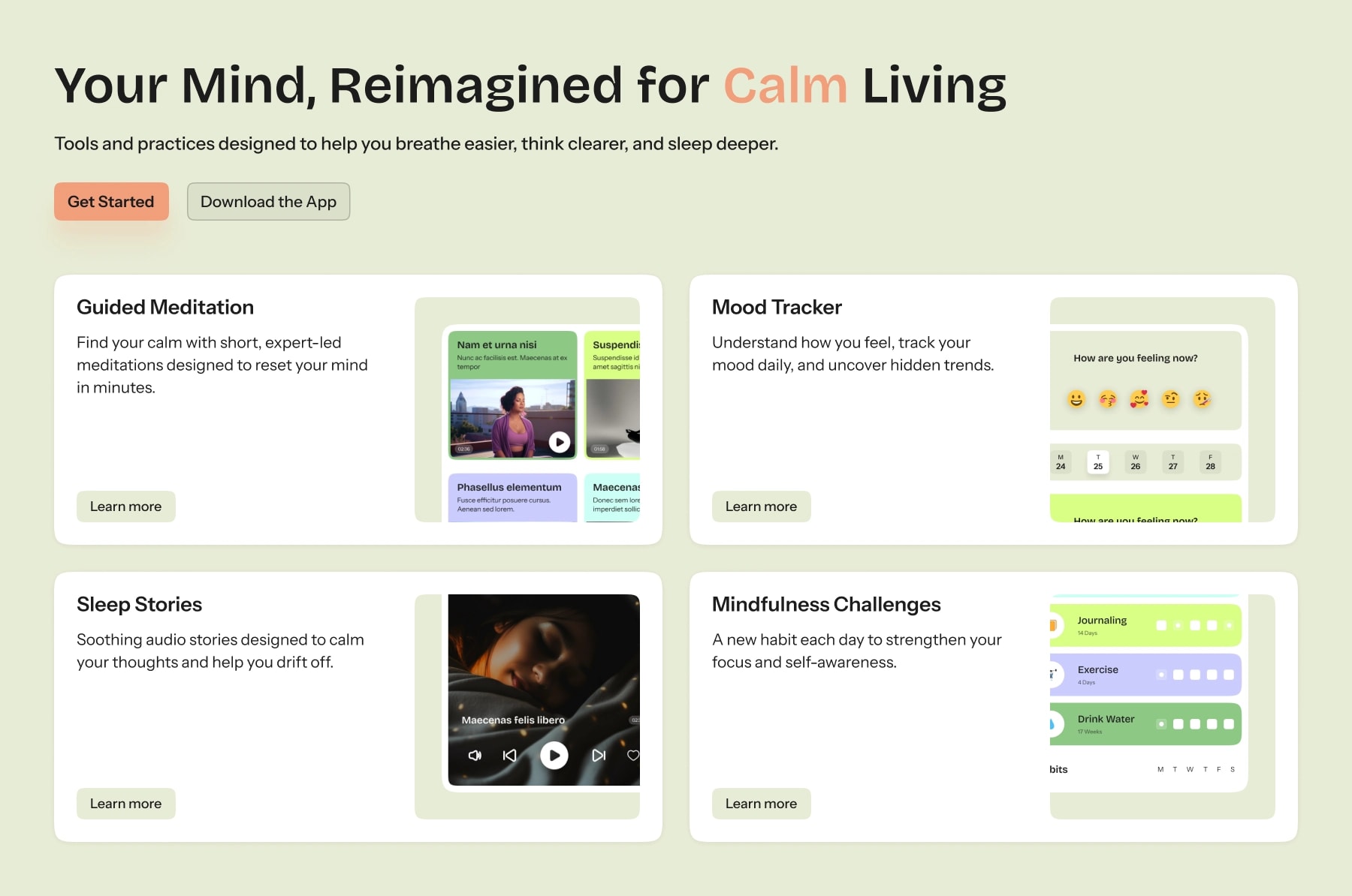 desktop section of a feature section with icon cards and dual CTAs for app download and onboarding