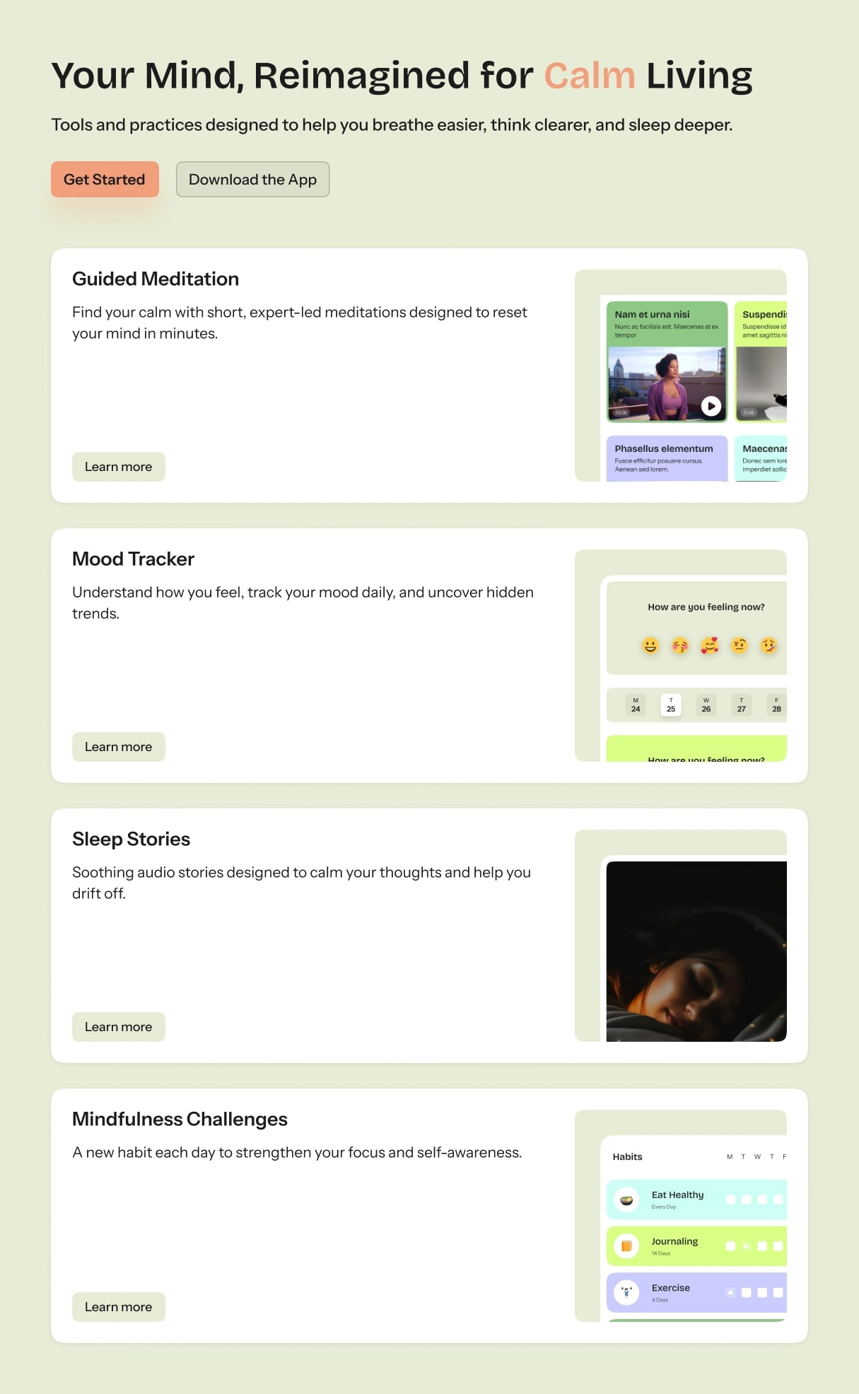 tablet section of a feature section with icon cards and dual CTAs for app download and onboarding
