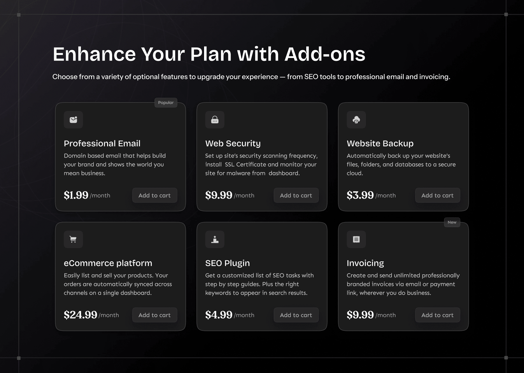 desktop section of a grid layout of monthly service add-ons with icons, price, and add-to-cart button