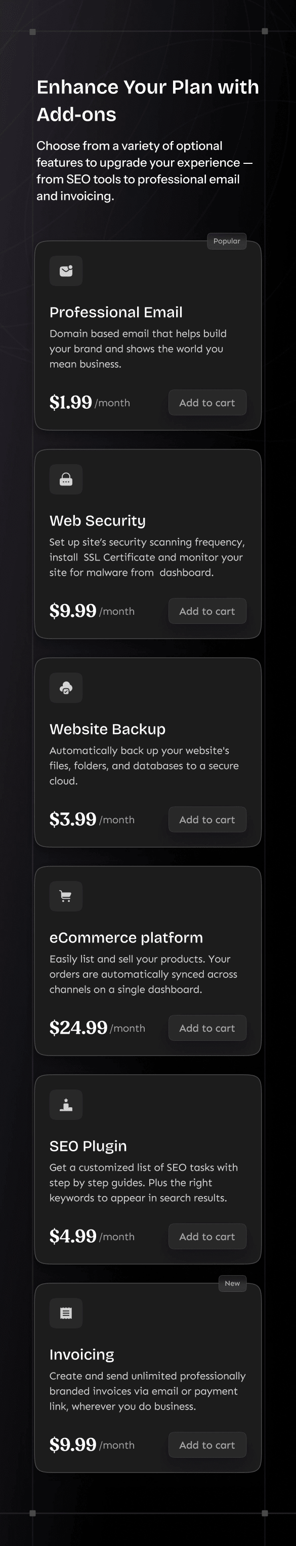mobile section of a grid layout of monthly service add-ons with icons, price, and add-to-cart button