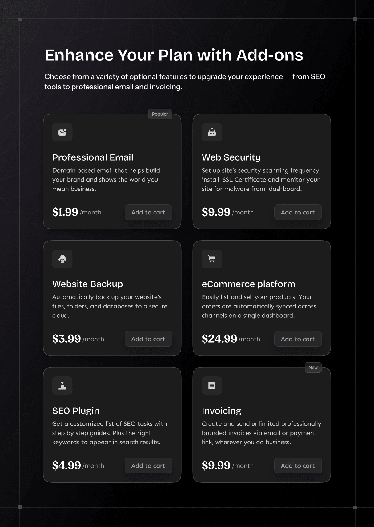 tablet section of a grid layout of monthly service add-ons with icons, price, and add-to-cart button