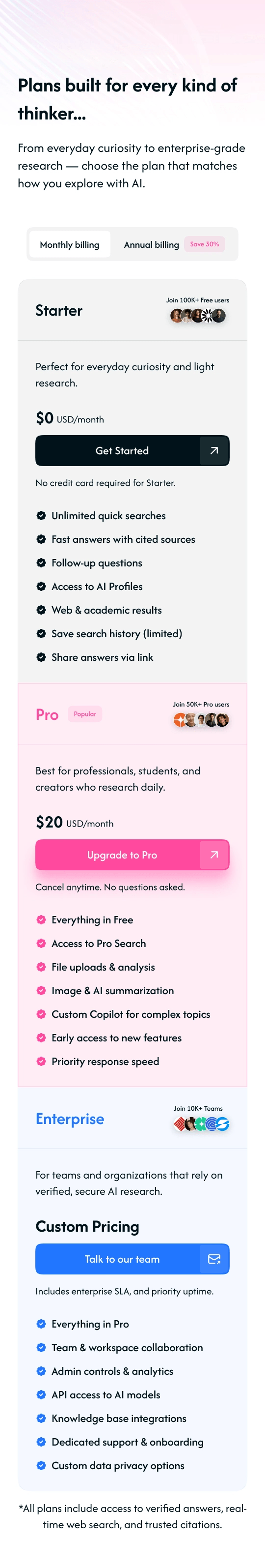 Stacked mobile pricing cards for Starter, Pro, and Enterprise plans