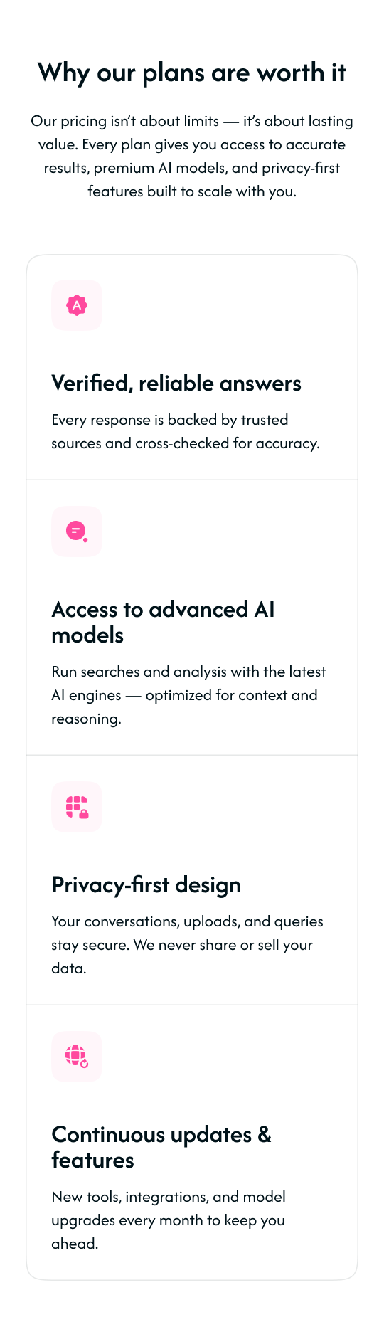 Stacked mobile view of four feature cards with icons and text