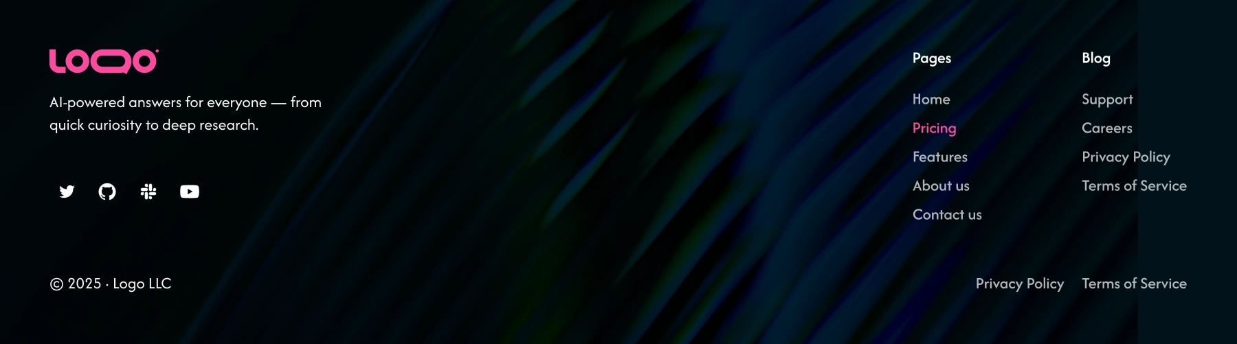 Wide footer layout with logo, description, navigation links, and social icons