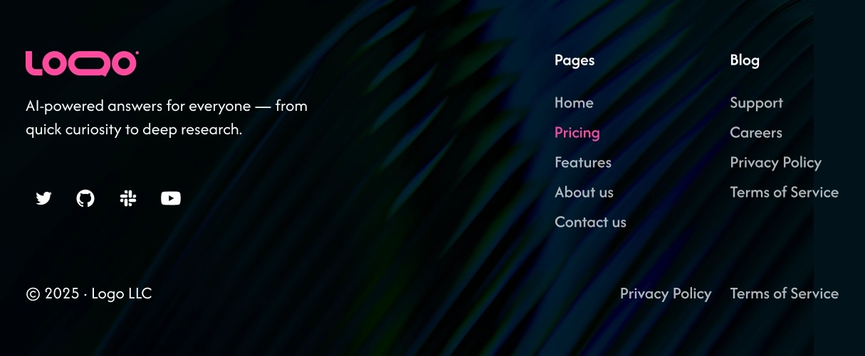 Two-column footer with links and brand info in a compact layout