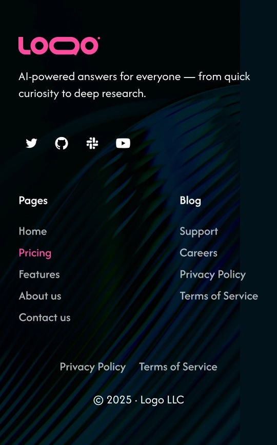 Stacked footer with logo, short description, social icons, and links