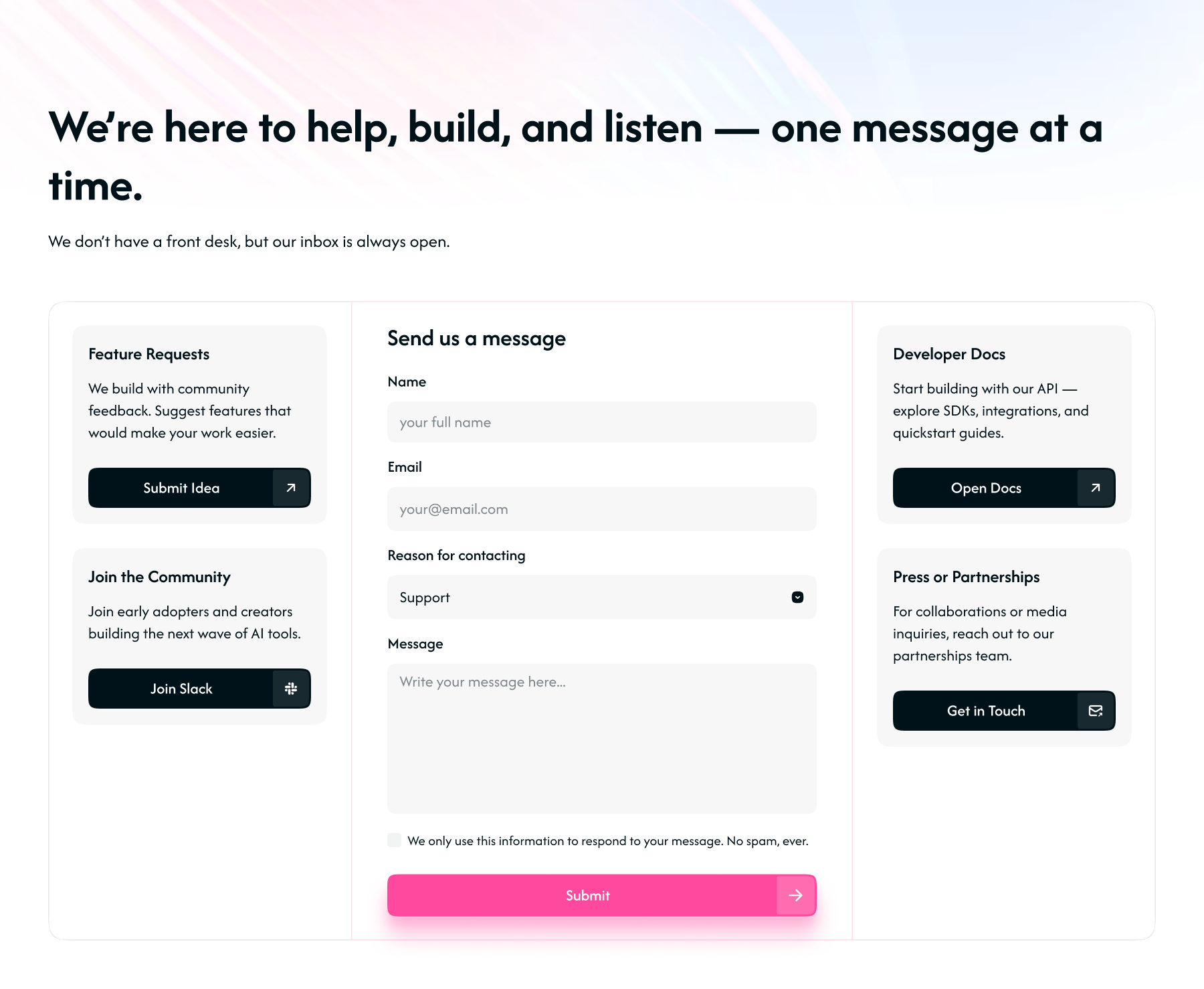 Wide contact page layout with message form and feature request/community links