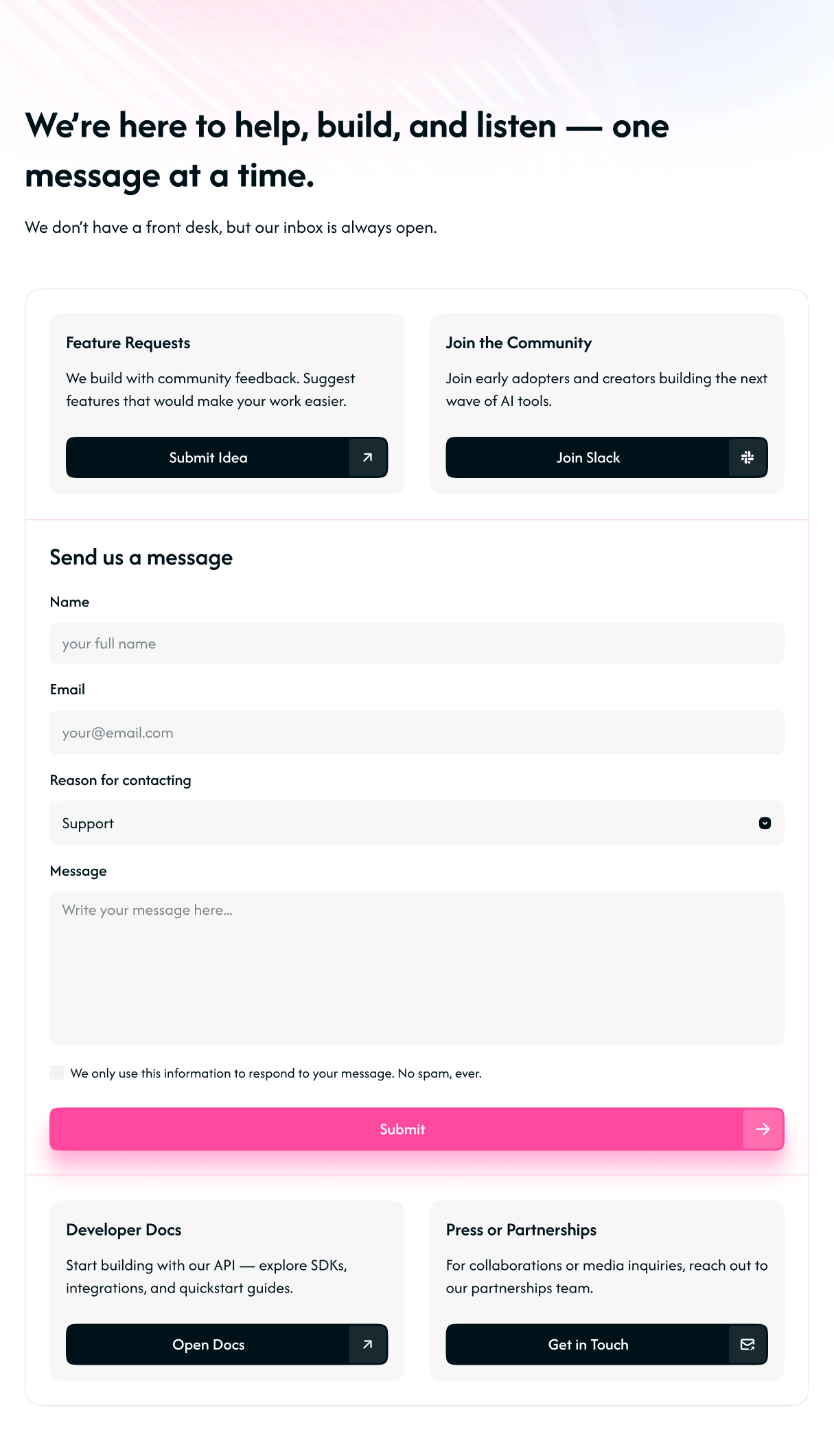 Two-column contact form with action cards stacked neatly