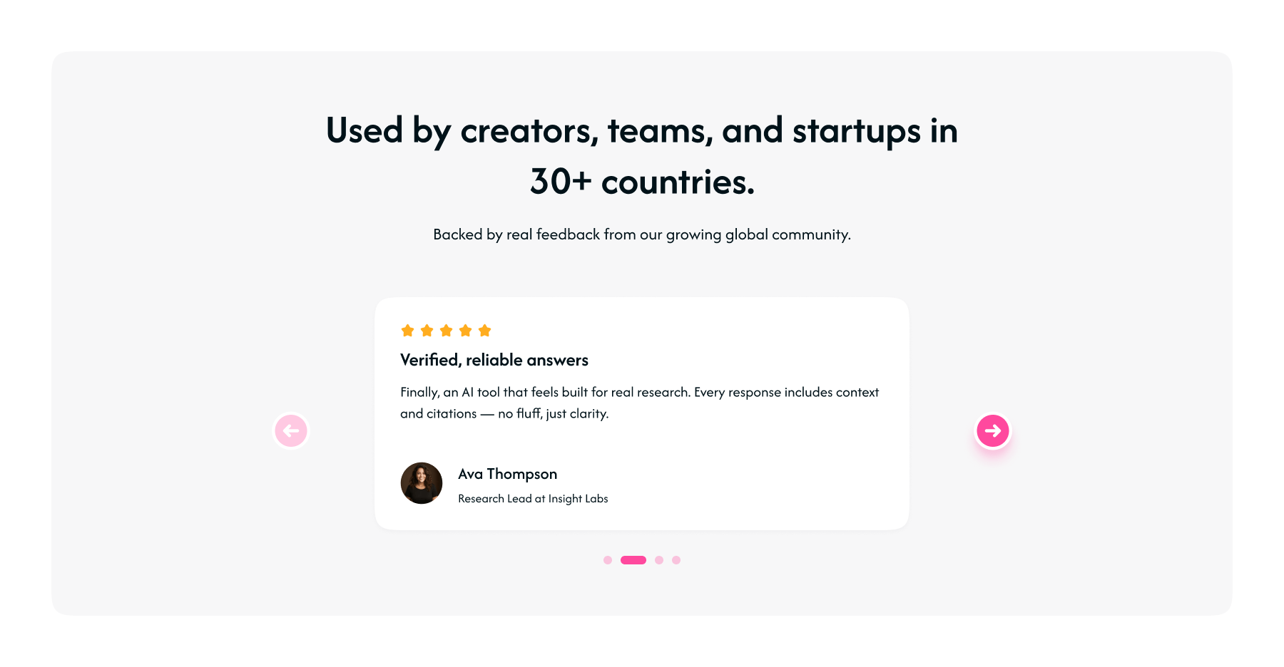 Full-width testimonial slider with arrows, rating, and reviewer profile
