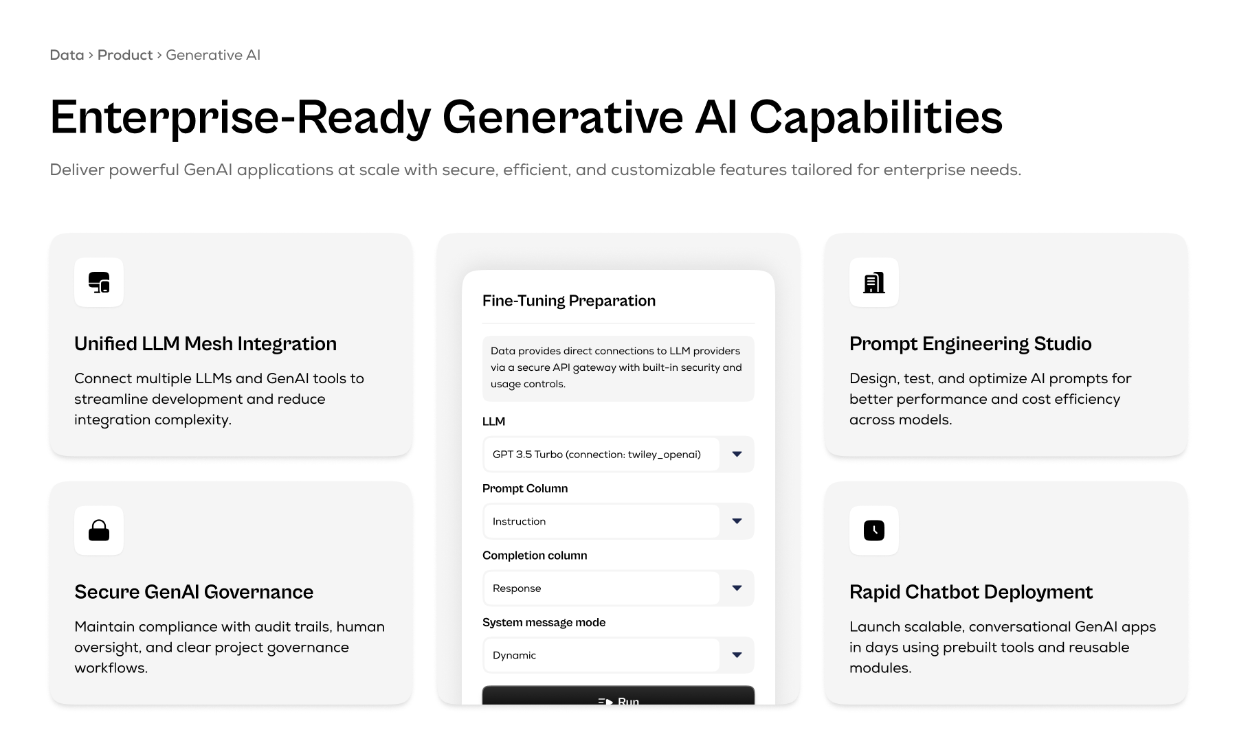 Four-card generative AI feature grid with central fine-tuning UI preview