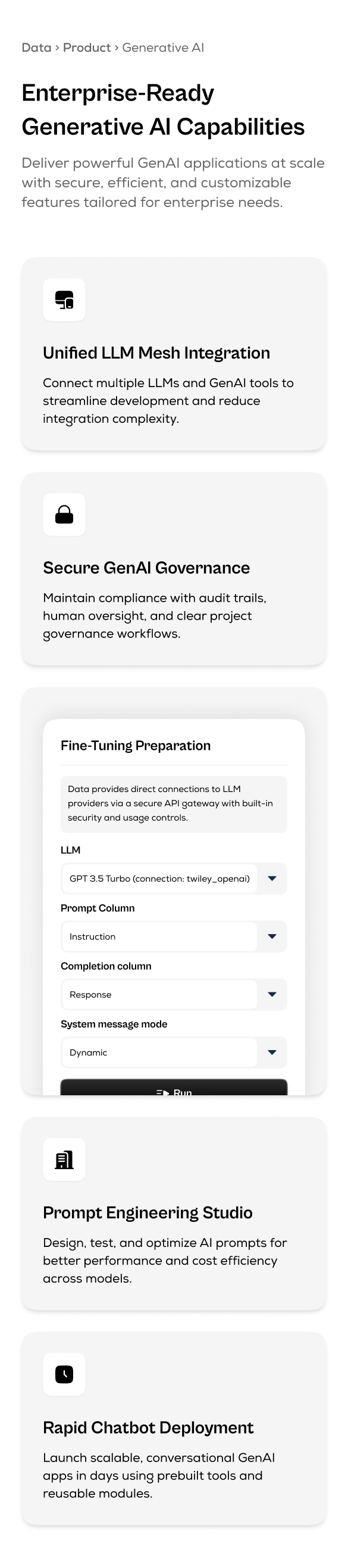 Stacked feature cards highlighting enterprise-ready generative AI tools
