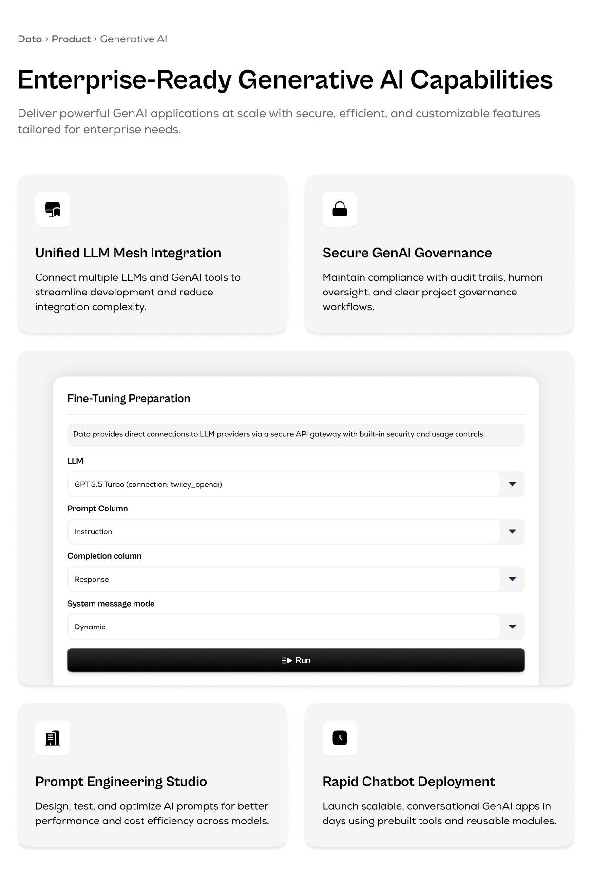 Two-column generative AI feature grid with integration and prompt tools