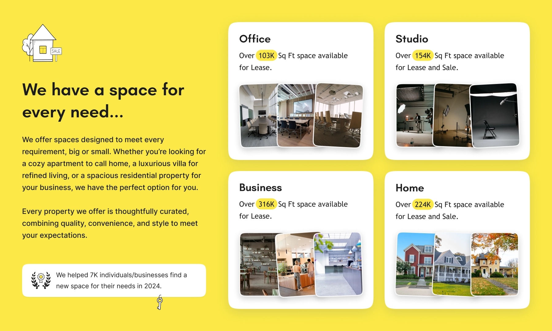 Four-card property grid with office, studio, business, and home listings and image previews.