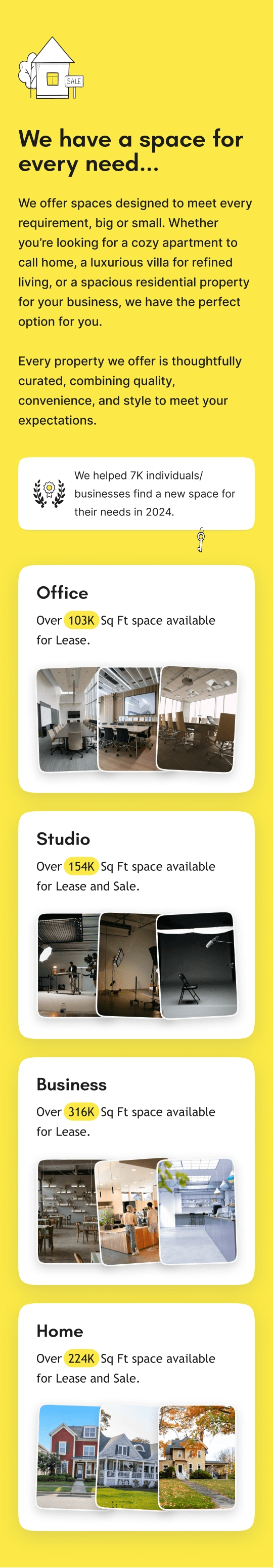 Stacked property cards showing space types with images and key details for leasing or sale.