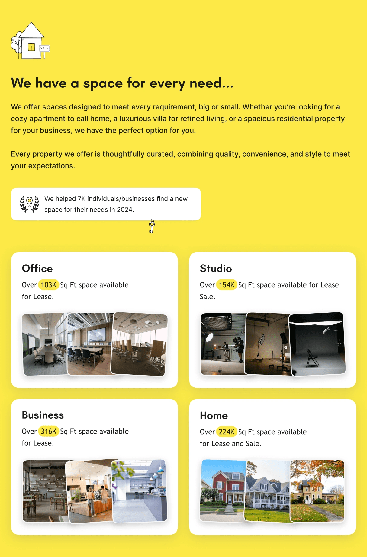 Property grid section displaying categories with square-foot details and image galleries.