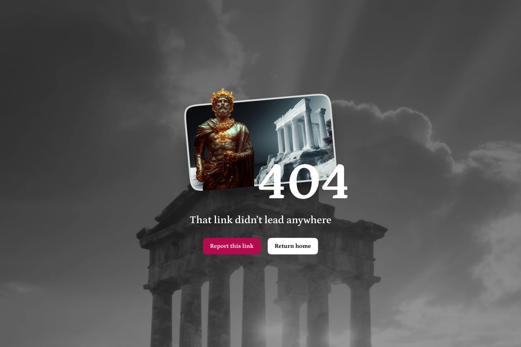 Full-width 404 page with background image, bold error message, and action buttons