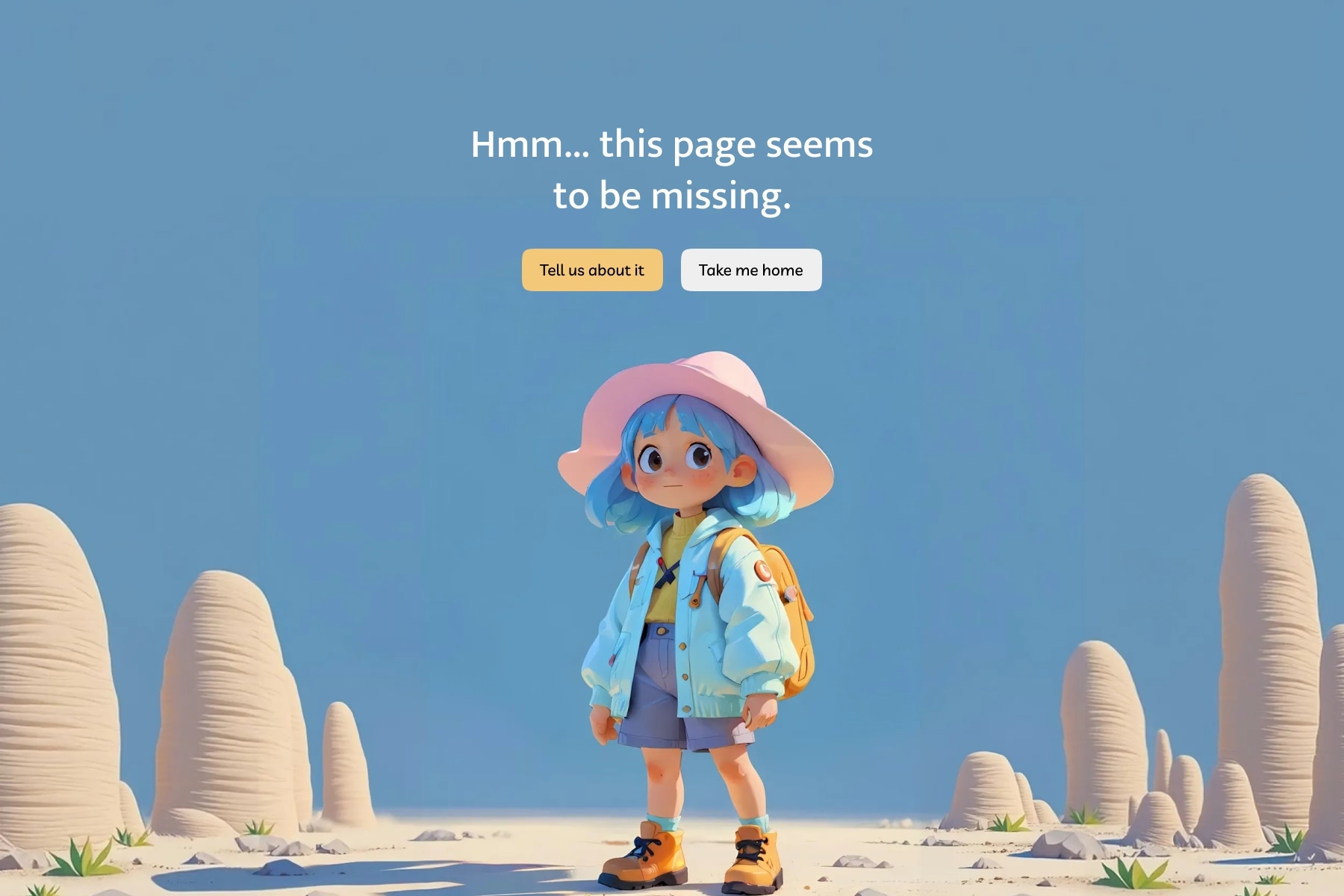 404 page with 3D character illustration, soft background, and buttons to report or return home