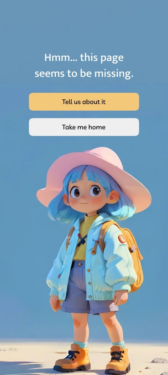 Mobile 404 screen with 3D illustration and simple buttons to navigate back