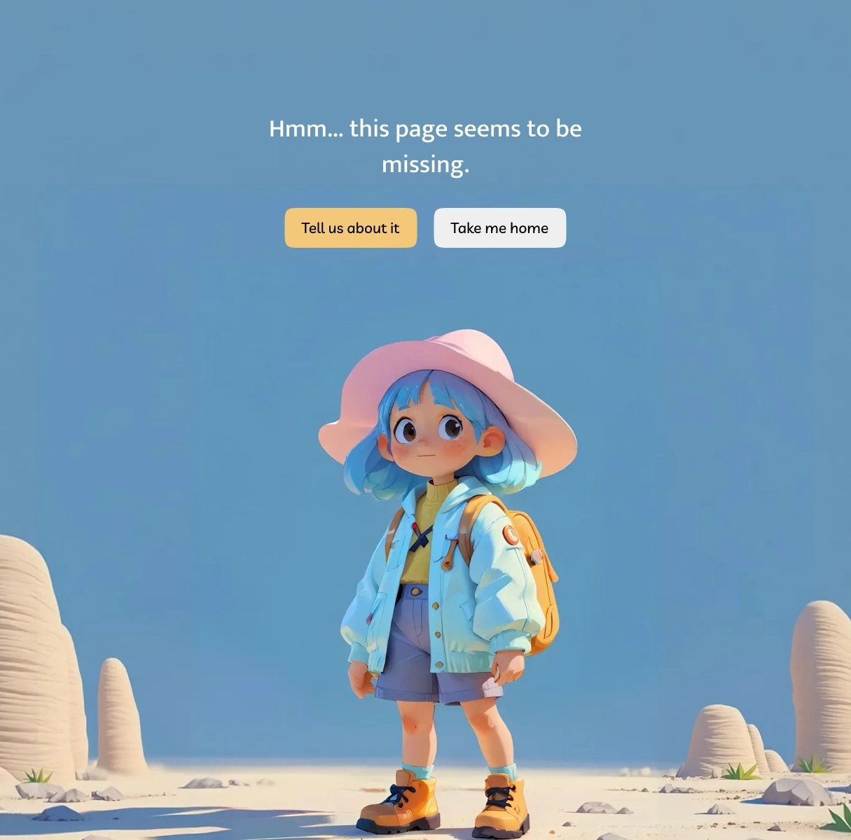 Tablet 404 layout with 3D character, centered message, and recovery actions