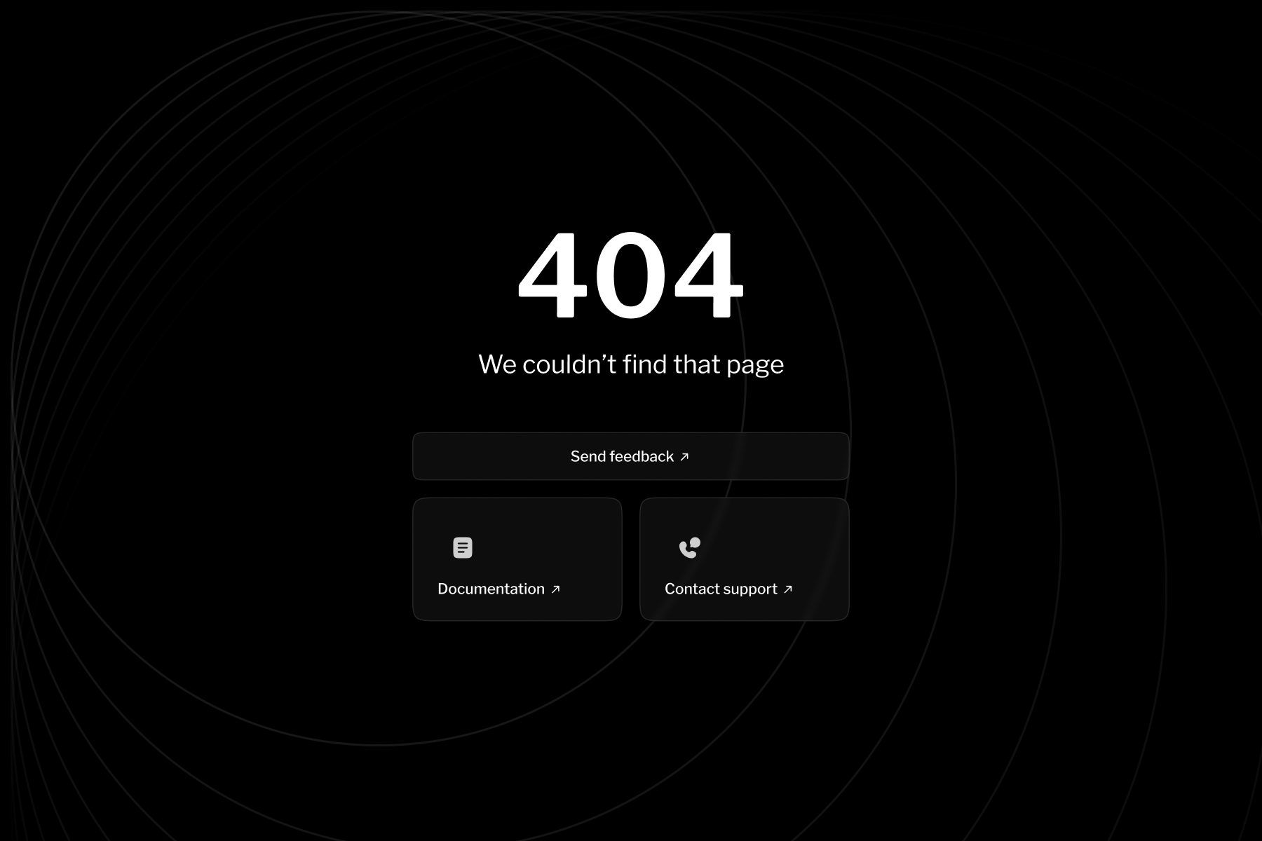 Minimal dark 404 layout with circular line patterns and support-focused actions