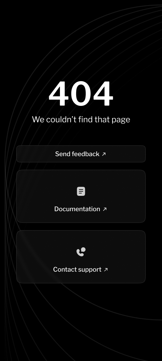 Mobile dark 404 screen with simple layout and focused recovery options
