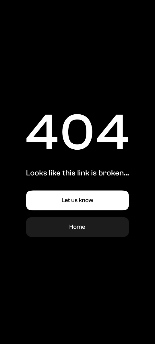 Mobile 404 screen with simple message and quick navigation actions