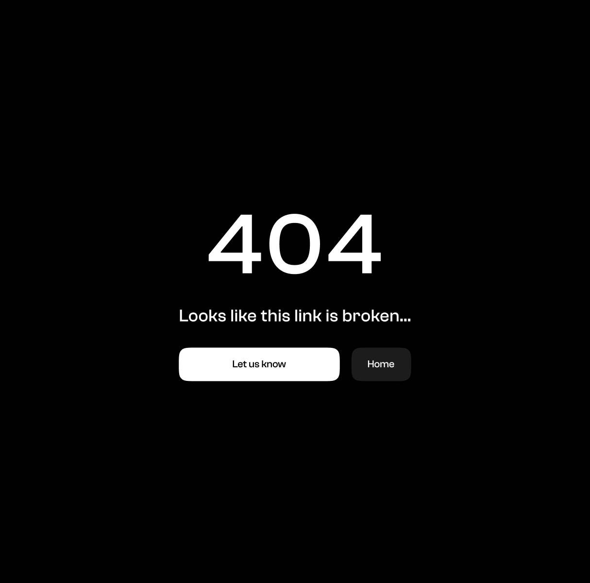 Tablet 404 layout with centered error text and buttons to report or go home
