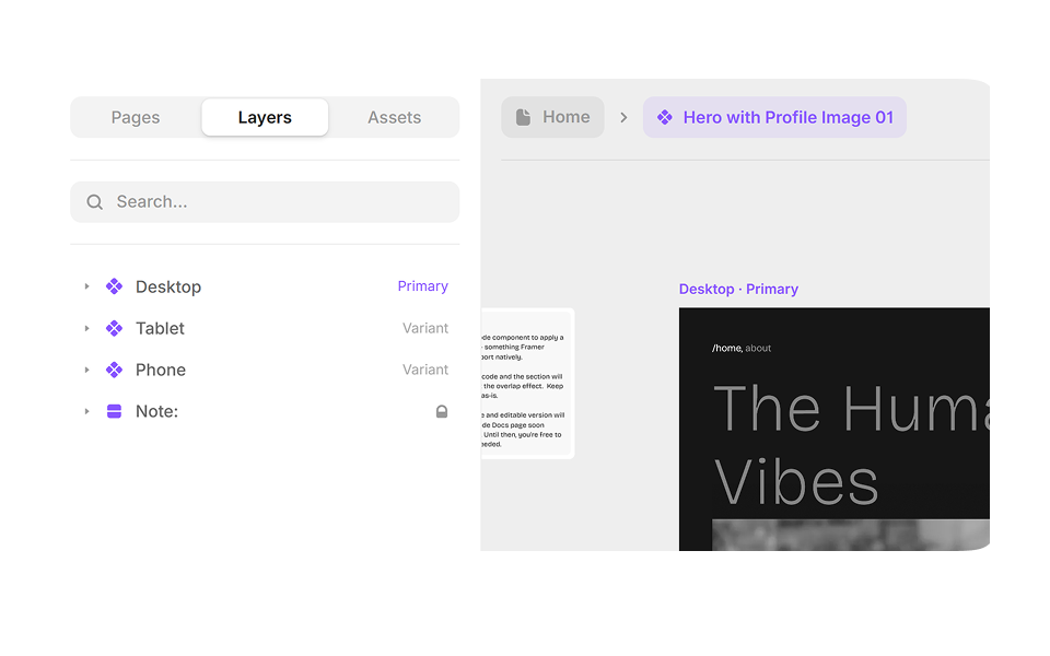 Framer project showing unlinked Component created from figma2framer.com