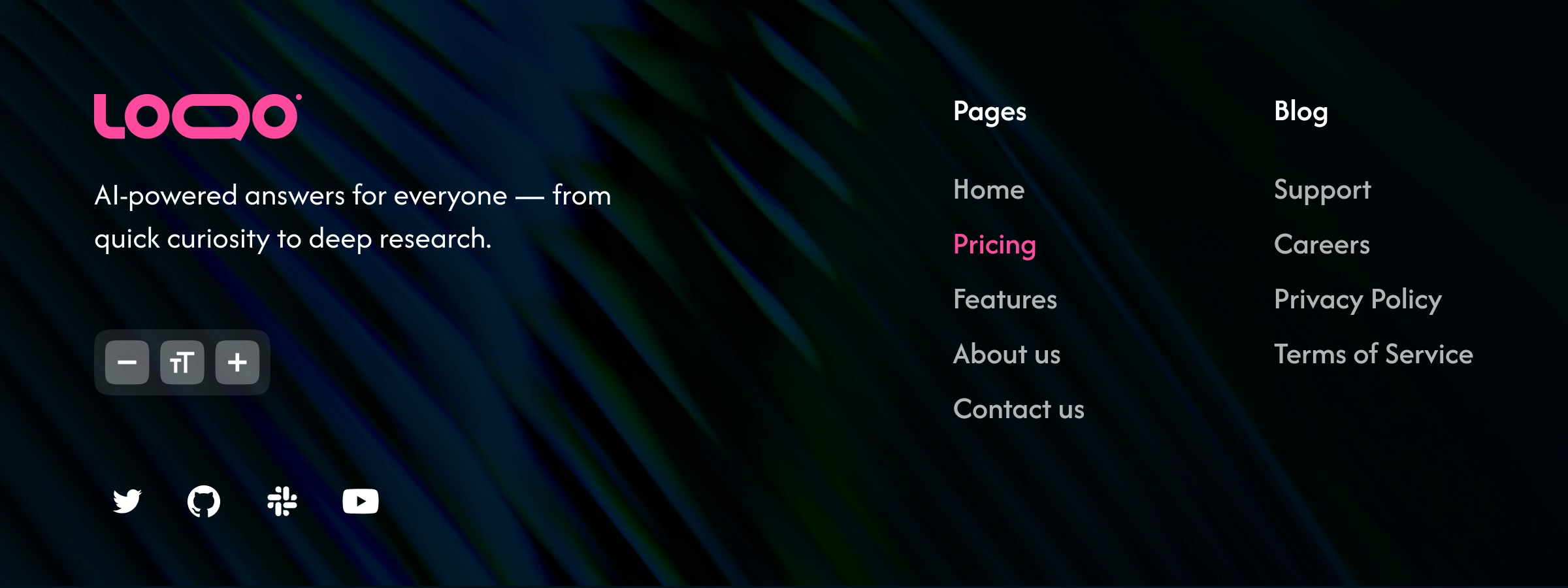 Footer example demonstrating Text Size Controls Framer code component improving readability across navigation and links.